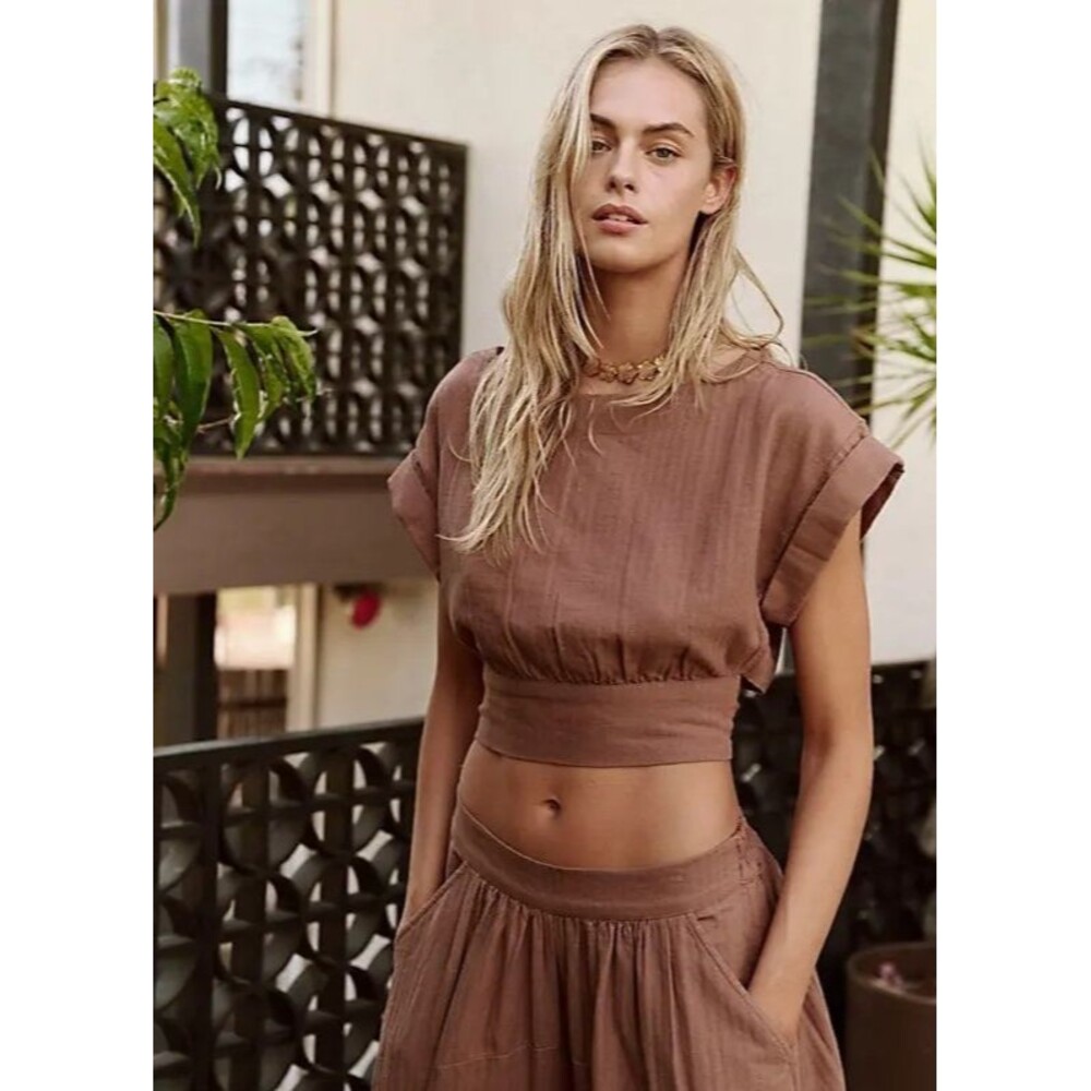 Free People Free-Est Feelin' Free Cropped Blouse Top Boat Neck Cutout XS 283538